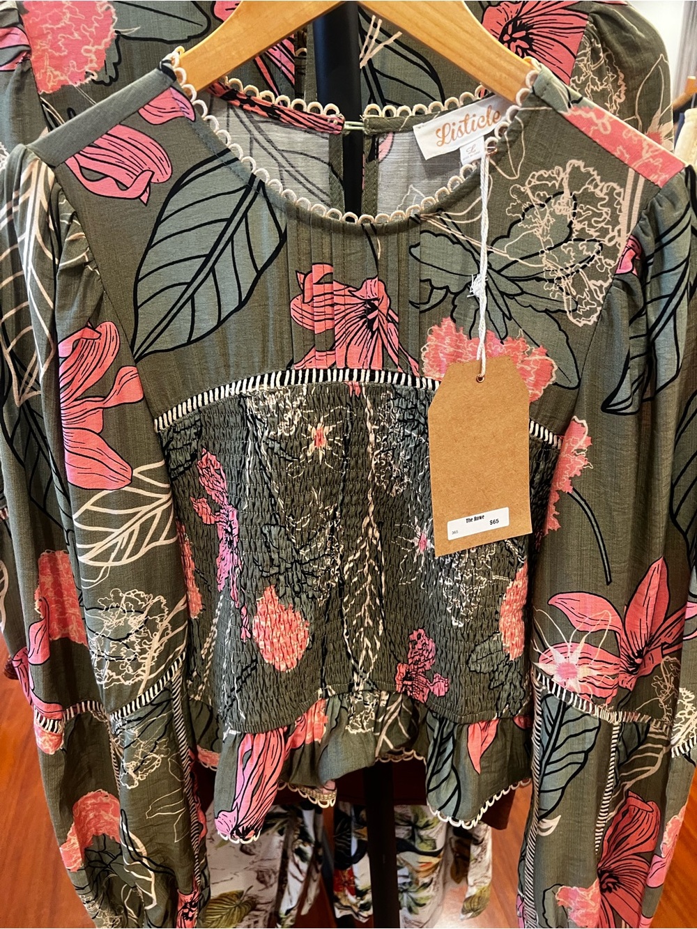 Listicle Olive Green Top with Pink Floral Smocking Large NWT